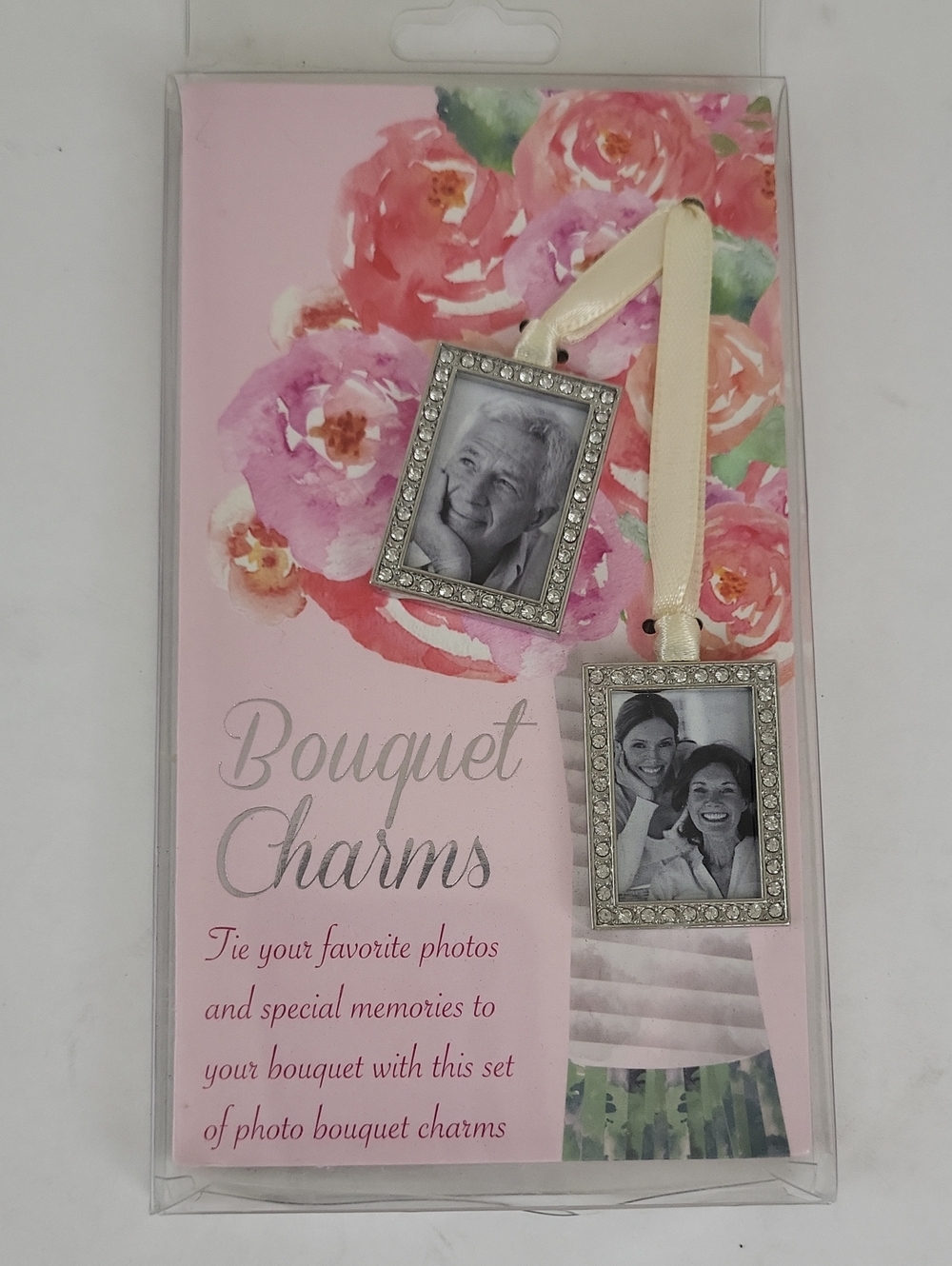New Wedding Bouquet Charm Set Silvertone, Rhinestone, and Cream Satin Ribbon